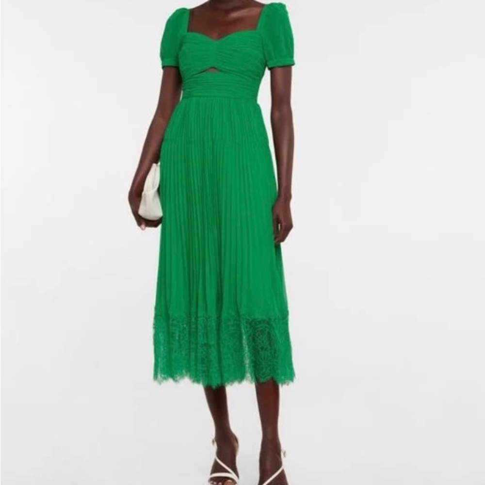 Self-Portrait US Size 10, Bright Green, Chiffon and Lace, Cut Out Midi Dress